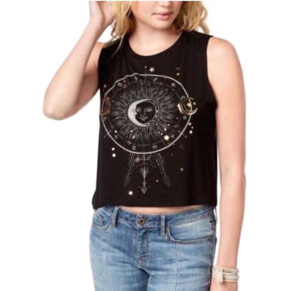 Rebellious One Tops - Rebellious One Black & Metallic Moon Print Tank Crop Top Juniors Size XS